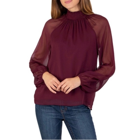 Joie Tops - NWT Joie Women's Top Long Sleeve Smocked Blouse Sheer Long Sleeves Wine Size L